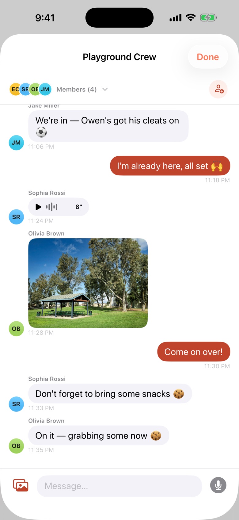 A ComeAlong circle group chat — a voice note, a park photo, and friends confirming who’s bringing snacks