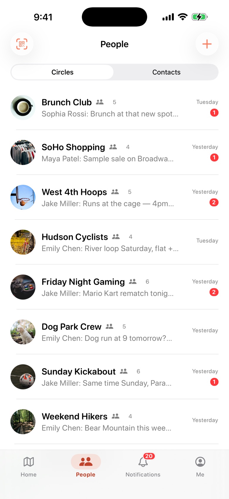 ComeAlong circles list — a separate circle for each crew: Brunch Club, West 4th Hoops, Dog Park Crew, Weekend Hikers