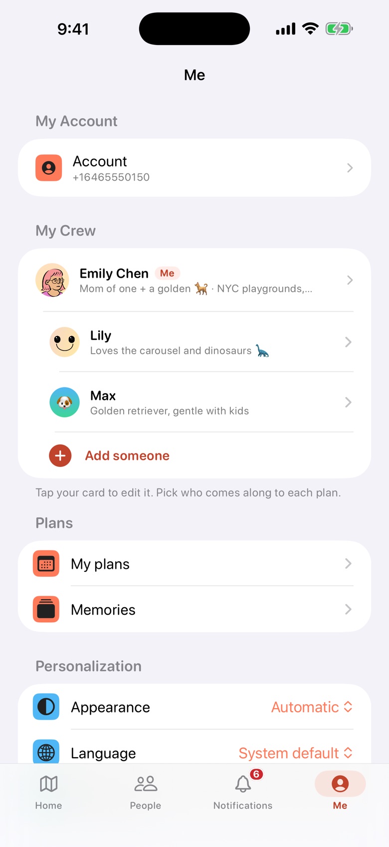 Your crew in ComeAlong — you, a kid, and the dog as cards you bring along to any plan
