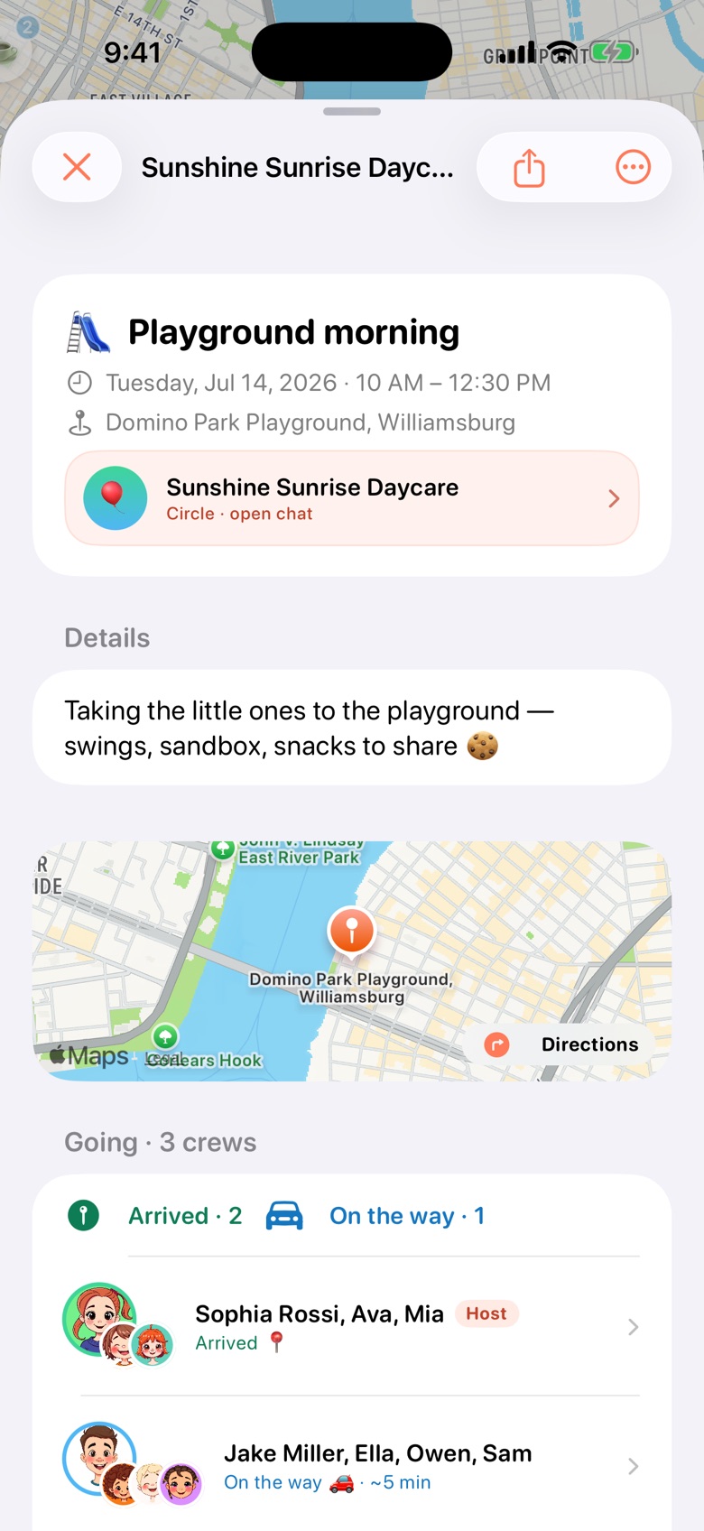 A ComeAlong plan — playground morning details, the map, and a live roster of who has arrived and who is on the way