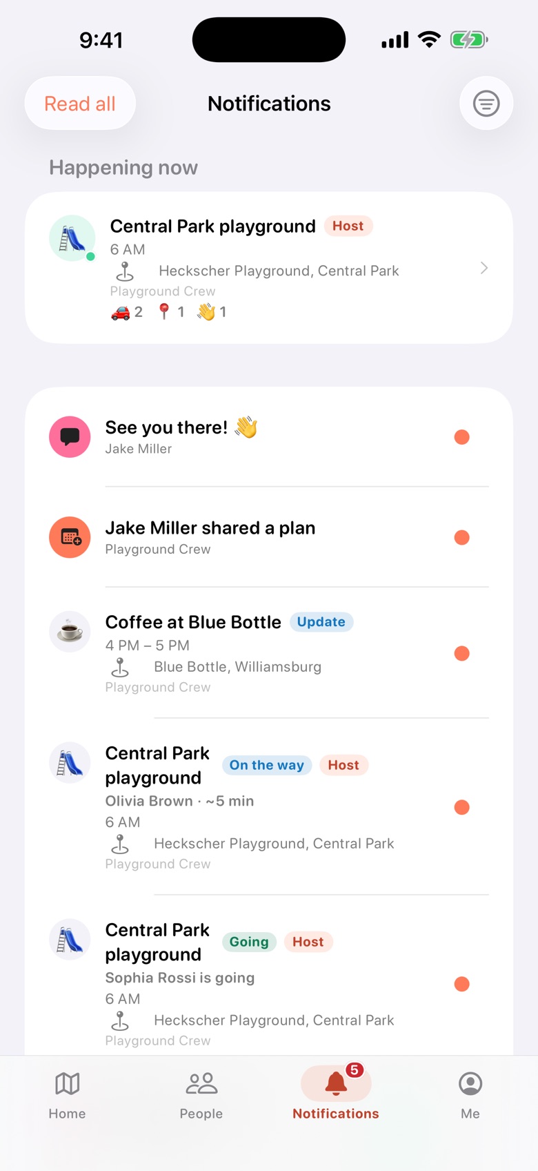 ComeAlong notifications — a plan happening now with live arrival statuses, plan updates and joins