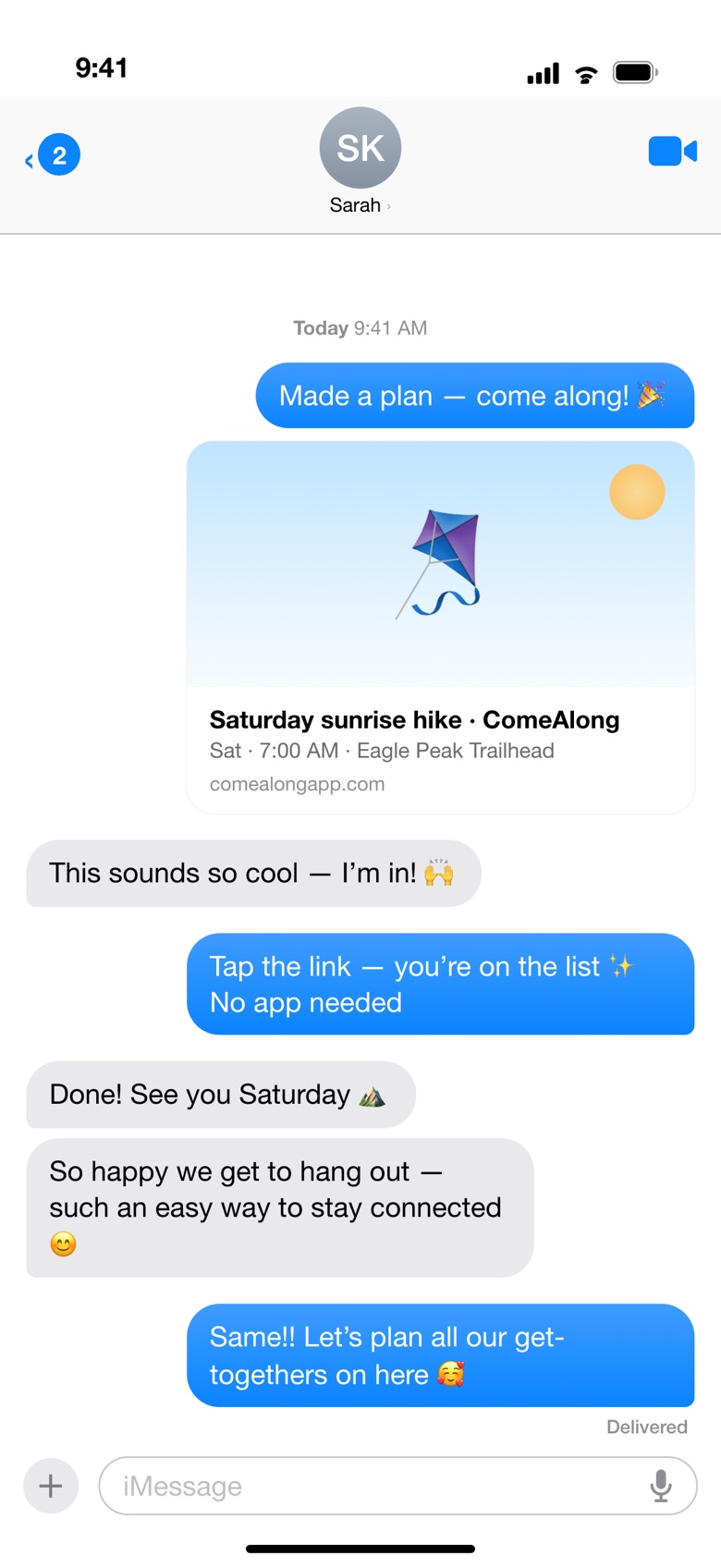 A ComeAlong plan link shared in a Messages thread — a friend taps it and is on the list, no app needed